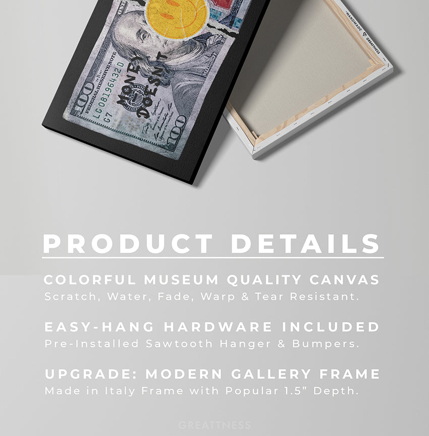 Discover Shop Money Dollar Canvas Art, Money Doesn't Buy Happiness Canvas Art, MONEY DOESN'T BUY HAPPINESS by Original Greattness™ Canvas Wall Art Print