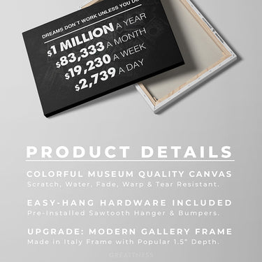 Discover Motivational Canvas Wall Art, One Million Dollars A Year Office Decor Wall Art , MILLION DOLLAR A YEAR by Original Greattness™ Canvas Wall Art Print