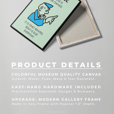 Discover Monopoly Property Canvas Art, Rent Due - Motivational Monopoly Properties Card Wall Art, Monopoly RENT DUE by Original Greattness™ Canvas Wall Art Print