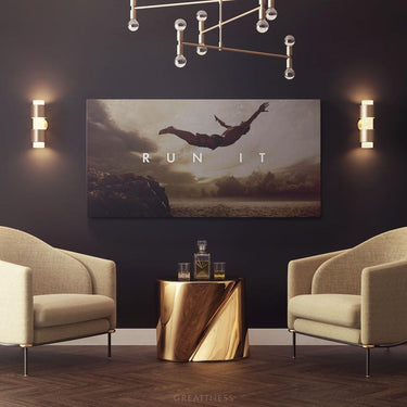 Discover Shop Motivational Canvas Art, Motivational Extreme Cliff Jumping Art Print Wall Art, RUN IT CLIFF JUMP by Original Greattness™ Canvas Wall Art Print