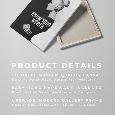 Discover Modern Large Canvas Wall Art, Inspirational Elegant Women Black & White Art, Know Your Worth, Know Your Worth Canvas by Original Greattness™ Canvas Wall Art Print