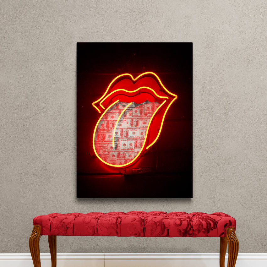 Discover Rolling Stones Canvas Art, Dollar Rolling Stones Red Light Neon Mouth Lips Art, Dollar Rolling Stones by Original Greattness™ Canvas Wall Art Print